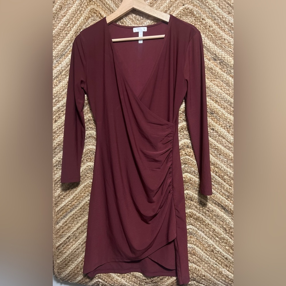 Leith Women's Maroon Red Ruched Long Sleeve Dress,V Neck,Size S, Great Condition